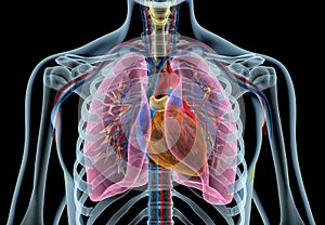 Human heart with vessels, lungs, bronchial tree and cut rib cage. X-ray