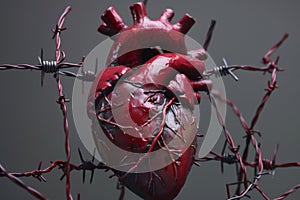 Human Heart Wrapped in Barbed Wire. Conceptual representation of a human heart surrounded by sharp barbed wire