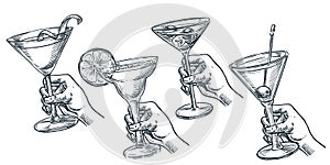 Human holding glass with alcohol cocktail. Vector hand drawn sketch illustration. Bar drinks menu design elements