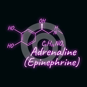 Human hormone adrenaline, epinephrine element concept chemical skeletal formula icon label, text neon glow vector illustration,