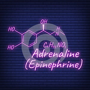 Human hormone adrenaline, epinephrine element concept chemical skeletal formula icon label, text neon glow vector illustration,