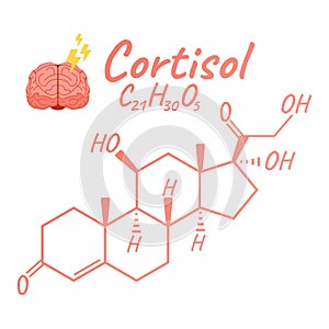 Human hormone cortisol concept chemical skeletal formula icon label, text font vector illustration, isolated on white. Periodic