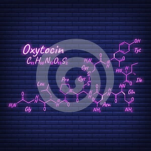 Human hormone oxytocin periodic element concept chemical skeletal formula icon label, text font neon glow vector illustration,