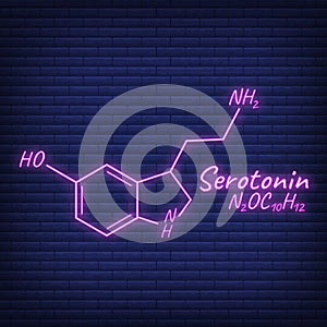 Human hormone serotonin periodic element concept chemical skeletal formula icon label, text font neon glow vector illustration,