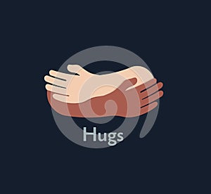 Human hugs hugging hands support and love symbol hugged arms girth silhouette unity and warmth feeling, flat vector