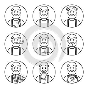 Human illness and diseases symptoms icons set.