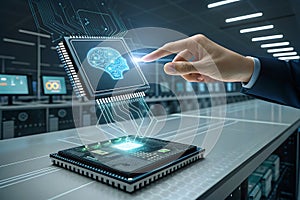 Human interact with AI artificial intelligence brain processor in concept of AI artificial intelligence