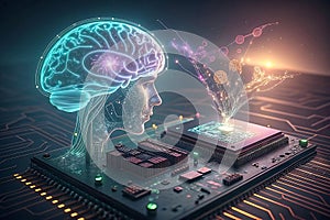 Human interact with AI artificial intelligence brain processor in concept of AI artificial intelligence