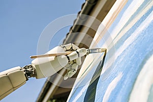 Human interact with AI artificial intelligence brain processor in concept of AI artificial intelligence