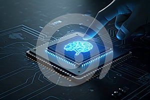 Human interact with AI artificial intelligence brain processor in concept of AI artificial intelligence