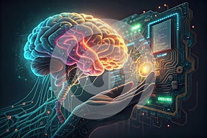 Human interact with AI artificial intelligence brain processor in concept of AI artificial intelligence