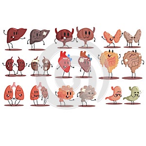 Human Internal Organs Healthy Vs Unhealthy Set Of Medical Anatomic Funny Cartoon Character Pairs Of Organism Parts In