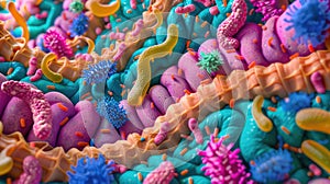 Human intestine depiction with beneficial gut flora interacting with the lining photo