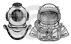 Human inventions: ancient diving helmet, astronaut`s suit. Past and future. Depth science.