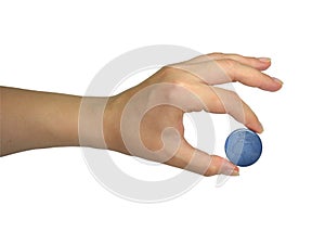 Human lady hand holding earth globe isolated