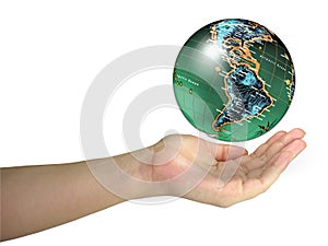 Human lady hand holding world