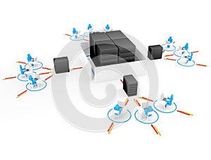 Human with laptop with big server NetWork firewall. 3D Image