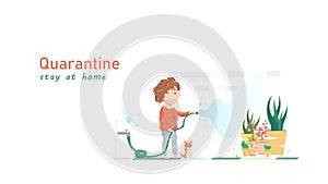 Human leisure activities watering plants, people quarantine relax time with pet, cartoon character flat design, idea creative