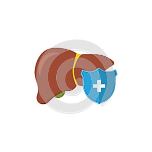 Human liver under protection. Blue shield and healthy liver in cartoon style. Vector illustration