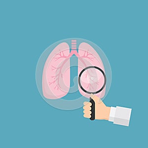 Human lungs with hand holding magnifying glass. Medical tool for diagnosing of diseases of lungs. Health care and medicine concept