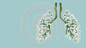Human lungs made of branches and flowers on a blue background. Concept photo