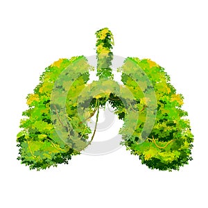 Human lungs made up by bright green lushy bushes, creative ecology concept on white