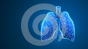 Human Lungs. Organ anatomy, biological air filter, healthy body concept. Polygonal image on blue neon background. Low poly,