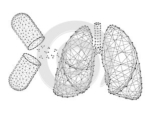 Human lungs organ and the substance of the open capsules pills treatment therapy cure existing medical concept from abstract