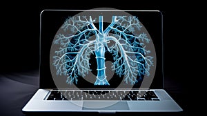 Human lungs on X-ray, human bones on a dark background.