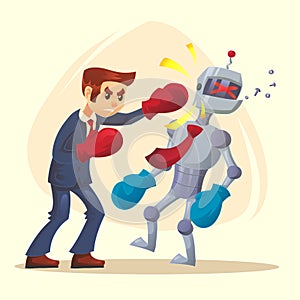Human male man character win better robot. Vector flat cartoon illustration