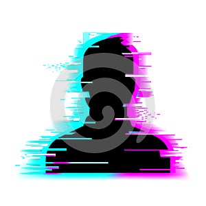 Human man head with glitch face. Anonymous vector icon. Incognito sign. Privacy concept. Gamer profile avatar isolated