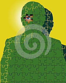 A human man is made in a jigsaw puzzle with a manÃ¢â¬â¢s eye peering in the open left by a missing piece