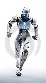 Human man with robot body parts Running to carry out a mission to help light in movie style. white background unreal engine