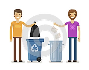 Human, man throws rubbish in garbage bin. Volunteering people, ecology, environment concept. Flat characters vector