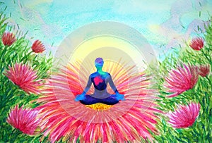 Human meditate mind mental health yoga art meditation chakra spiritual healing watercolor painting illustration design in blooming