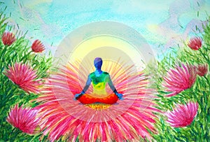 Human meditate mind mental health yoga art meditation chakra spiritual healing watercolor painting illustration design in blooming