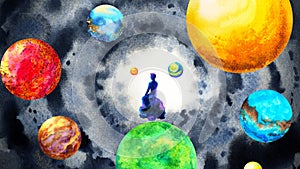 Human meditation spiritual mind mental abstract universe healing watercolor painting illustration design