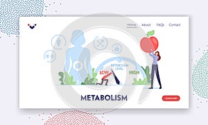 Human Metabolism Landing Page Template. Tiny Character Move Arrow to Increase Metabolic System Level, Digestion