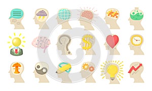 Human mind icon set, cartoon style