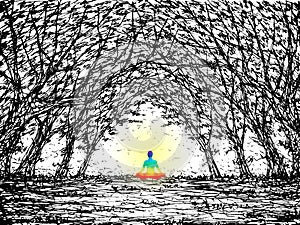 Human mind spiritual meditation peace in tree forest watercolor painting hand drawing illustration design
