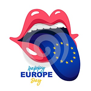 Human mouth with a protruding tongue, painted in the blue color of the flag of Europe with 12 yellow stars. Happy Europe Day