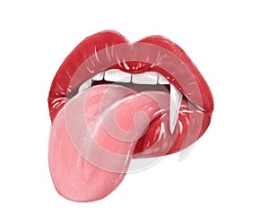 A human mouth with red lips, tongue, and sharp vampire fangs. Clipart on white background