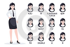 Human mouth set. Woman businesswoman lip sync collection for animation and sound pronunciation. Character face elements. Emotions