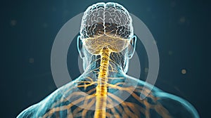Human nervous system, with detailed visualization of the brain, spinal cord, and peripheral nerves