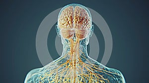 Human nervous system, with detailed visualization of the brain, spinal cord, and peripheral nerves
