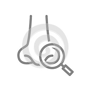 Human nose with magnifying glass line icon. Organ research, disease prevention symbol