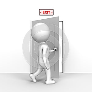 Human opening the exit door - a 3d image