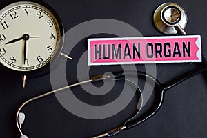 Human Organ on the paper with Healthcare Concept Inspiration. alarm clock, Black stethoscope.