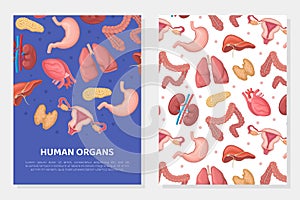 Human organs card template. Anatomy, transplantology, bioengineering technologies medical banner, poster
