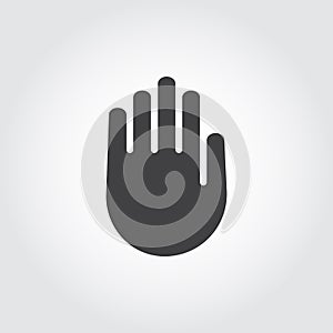 Human palm black flat icon. Symbol of stop sign, warning, lock. Web graphic hand pointing label